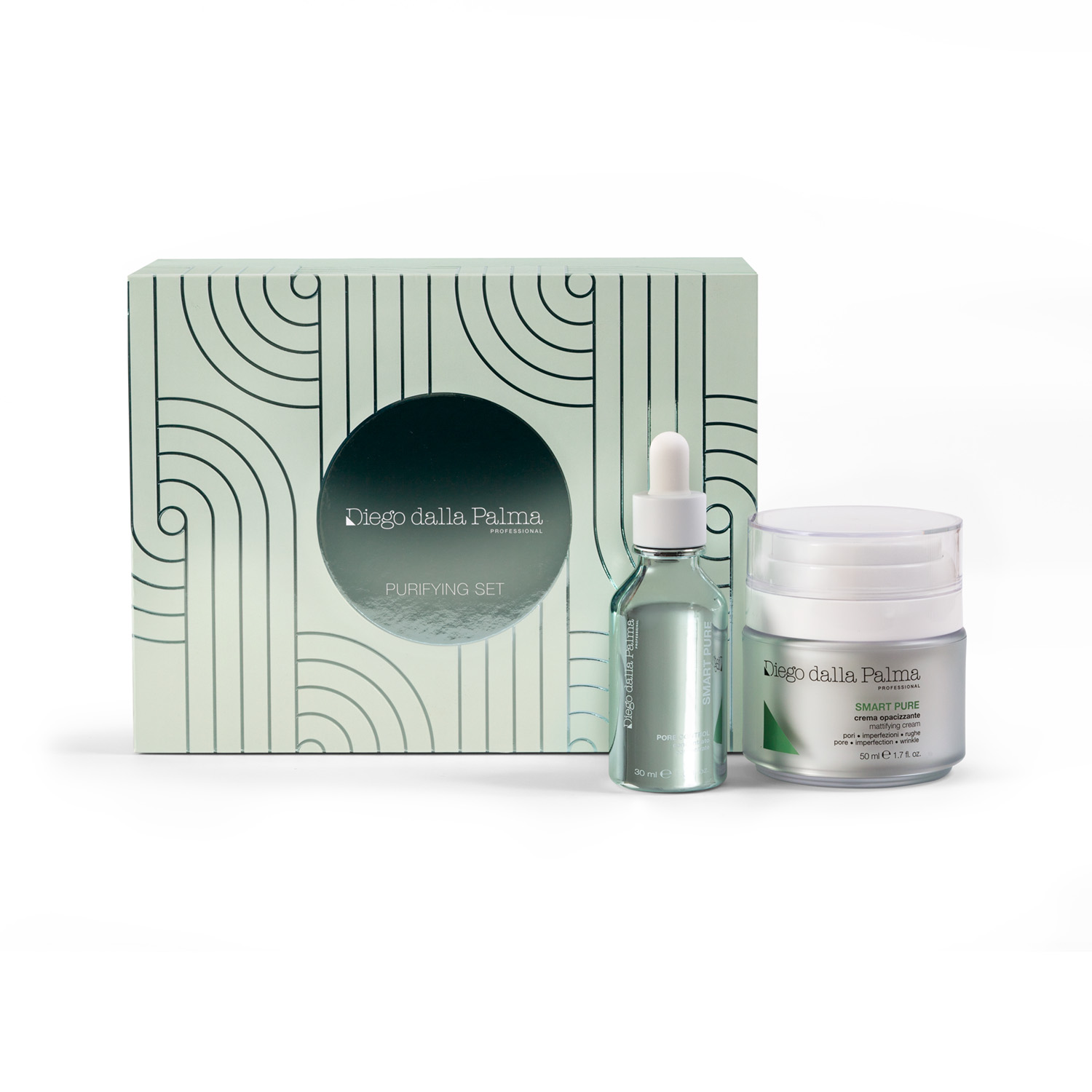 LIFT-DDP-Pro-Smart-Pure-Purifying-Kit-1 Puhdistava kasvoseerumi ja -voide lahjapakkauksessa.
